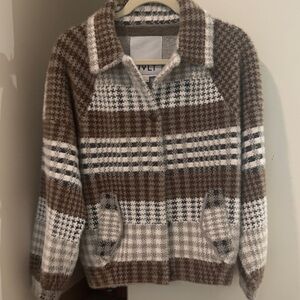NVLT Brown & Cream Houndstooth Plush Cardigan